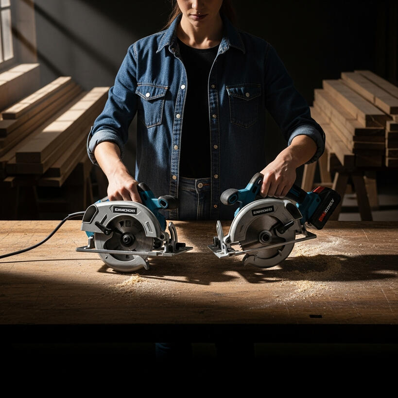 Woman comparing corded and cordless circular saws in a wooden workshop while choosing the best electric saw for home projects Woman comparing corded and cordless circular saws in a wooden workshop while choosing the best electric saw for home projects